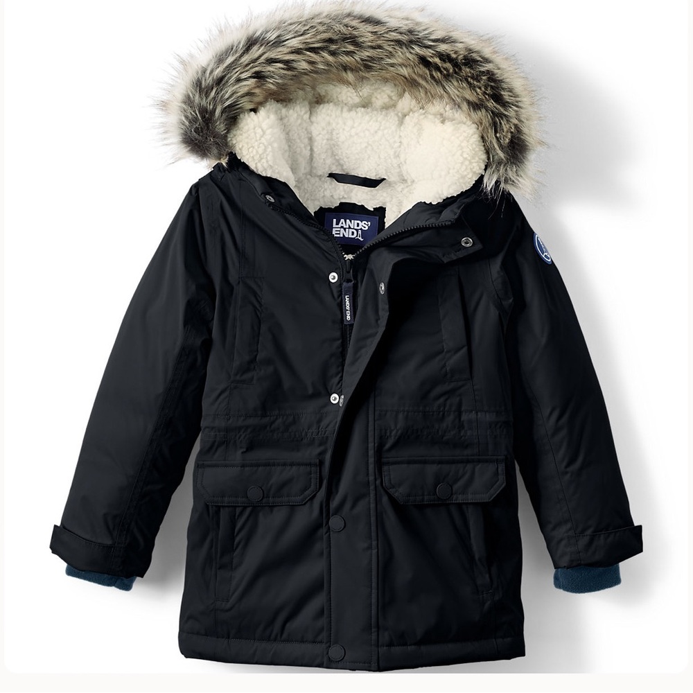 Lands' End Kids Black Puffer Coat with Faux Fur Hood